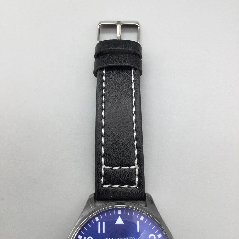 Vince Camuto Mens Watch 42mm Silver Tone Blue Dial Black Faux Leather 3ATM